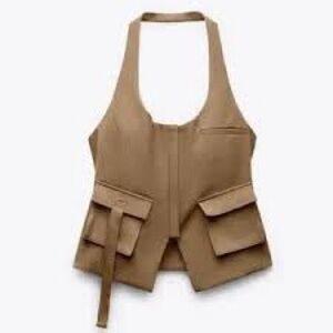 Chic Tan Halter Vest with Pockets